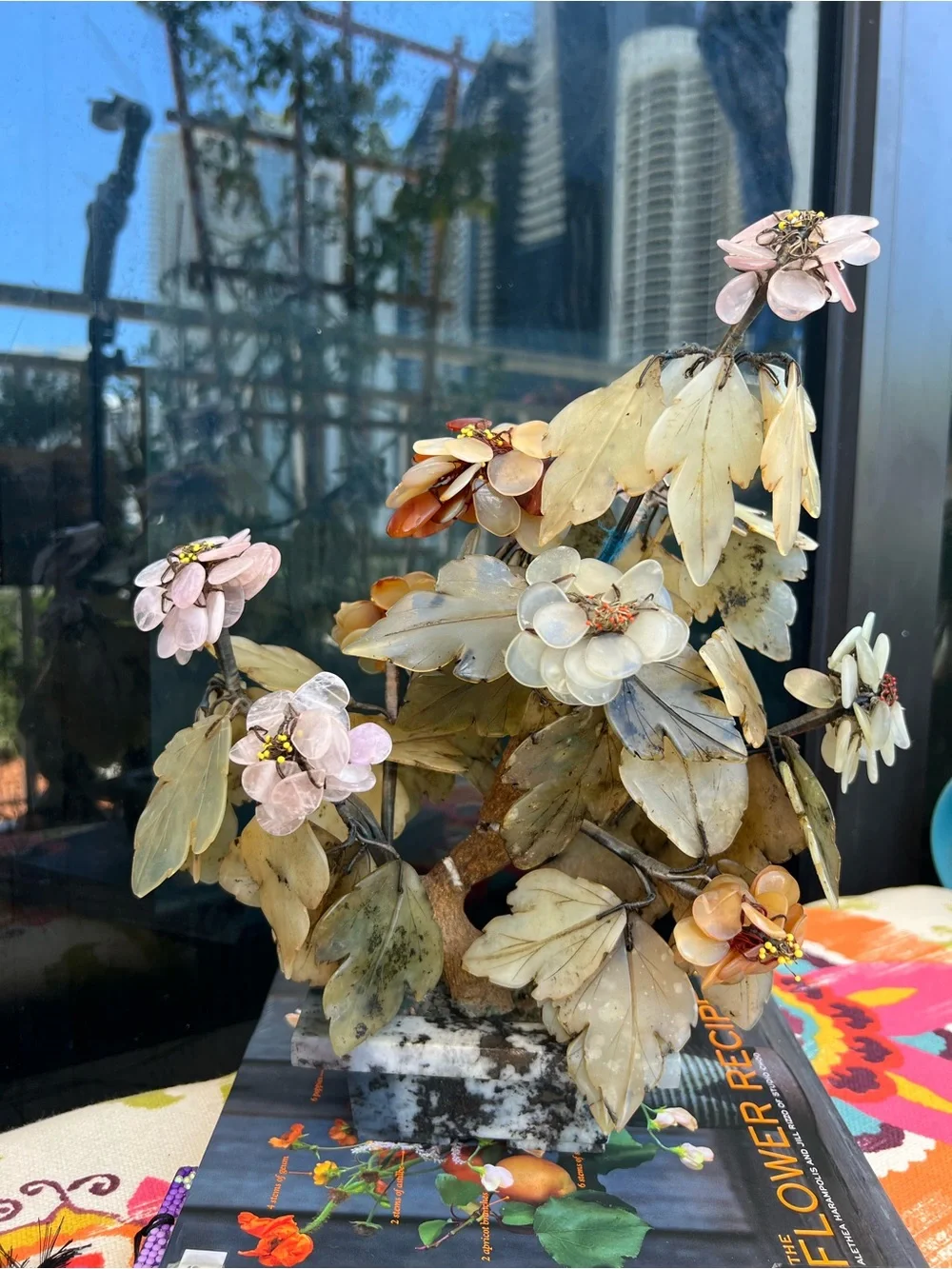 12” Vintage Chinese Gemstone Floral Bonsai Sculpture On Marble Base